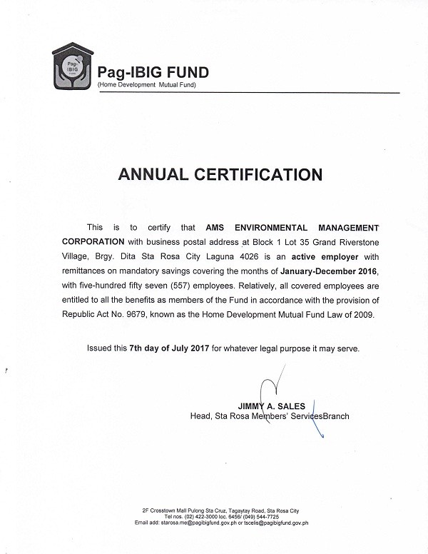 Hdmf Certification Sample Permits and Licenses | AMS ENVIRONMENTAL MANAGEMENT CORPORATION